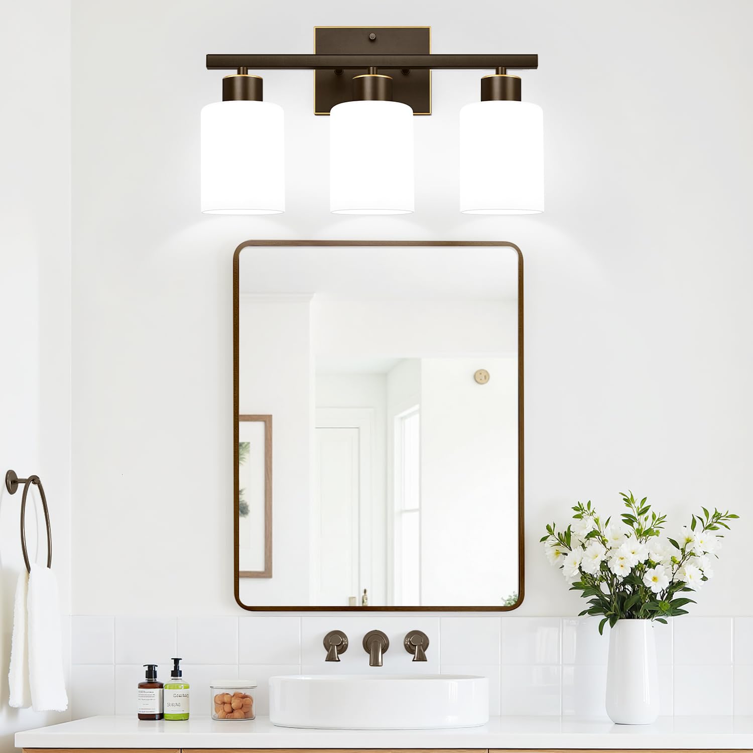 Meybiok 3-Light Bathroom Light Fixture, Brown and Gold Metal Vanity Light with Frosted Glass Shades, Model LTW069