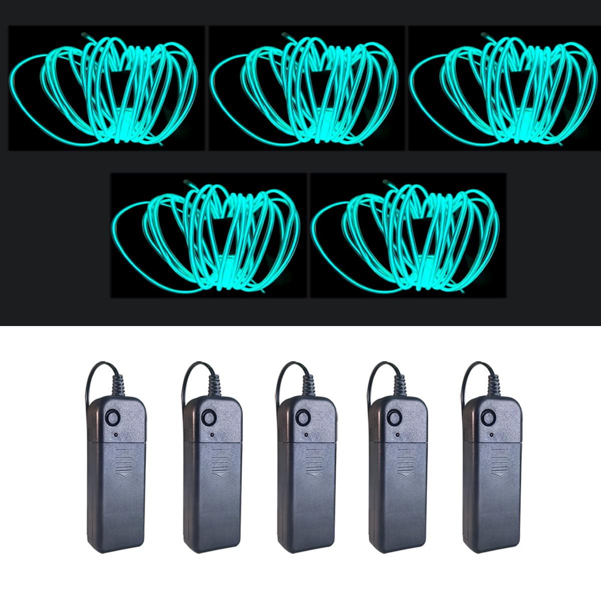 MaxLax EL Wire 5 Pack, 9ft Neon Light Wire Noise Reduction with Battery Pack(9ft-Ice Blue)