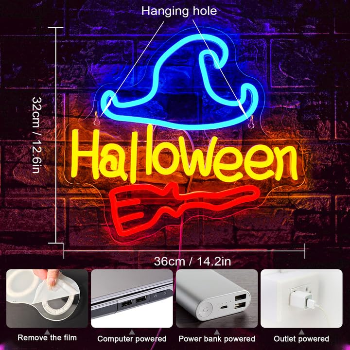NOSUN Neon Sign - Halloween Broom & Wizard Hat Decor - Acrylic - Red & Blue - Wall Light for Party, Bar, Bedroom, Kids & mature-themeds