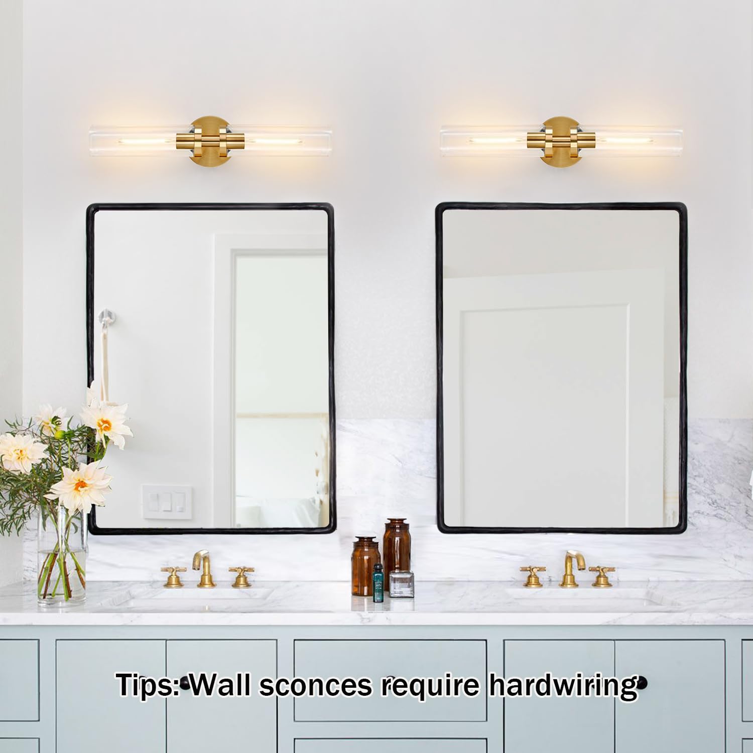 Wall Sconces Set Of Two, Hardwired Brushed Gold Bathroom Sconces Wall Lighting With Clear Glass, Modern Sconces Wall Decor Set O