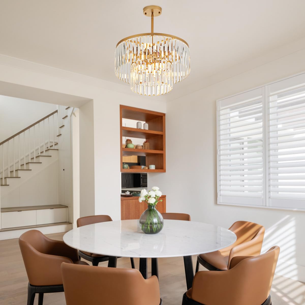 Lighceac 17.7 Gold Semi Flush Mount 2-Tier Crystal Ceiling Light Fixtures For Dining Room Modern Industrial 8-Light Chandeliers Lighting For Bedroom Entryway Hallway Kitchen Island Living Room Foyer