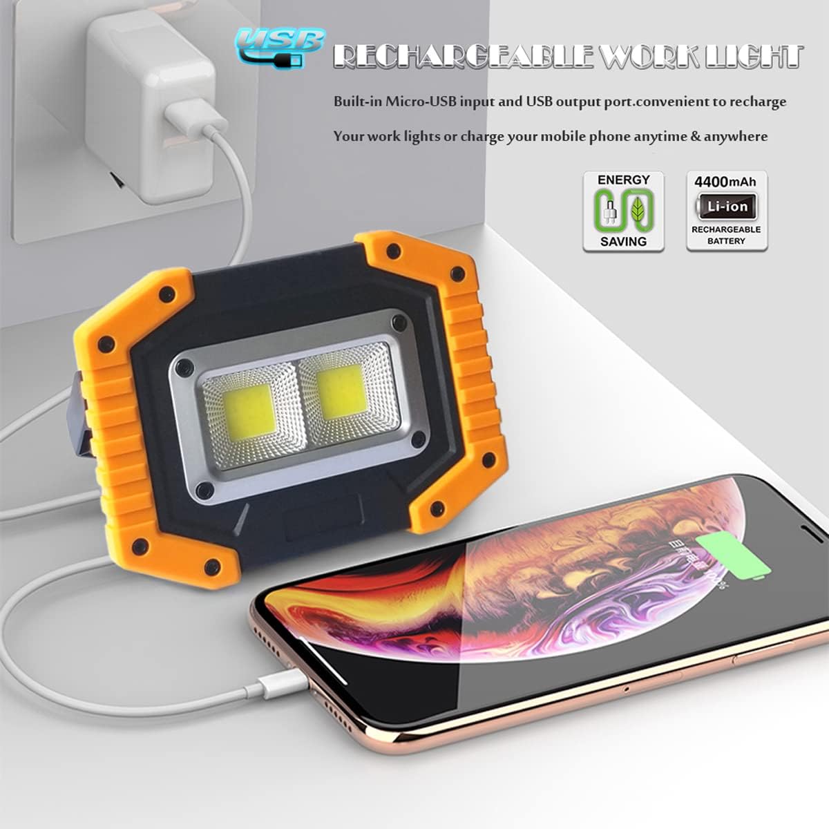 FOSFIS Rechargeable Work Light 30W 1500 Lumens LED Battery Operated Portable Flood Light 2-Pack Yellow