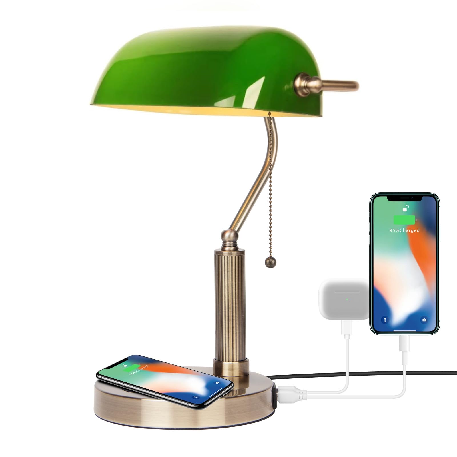 FIRVRE Glass Desk Lamp LED USB Wireless Charging Classic Retro Green