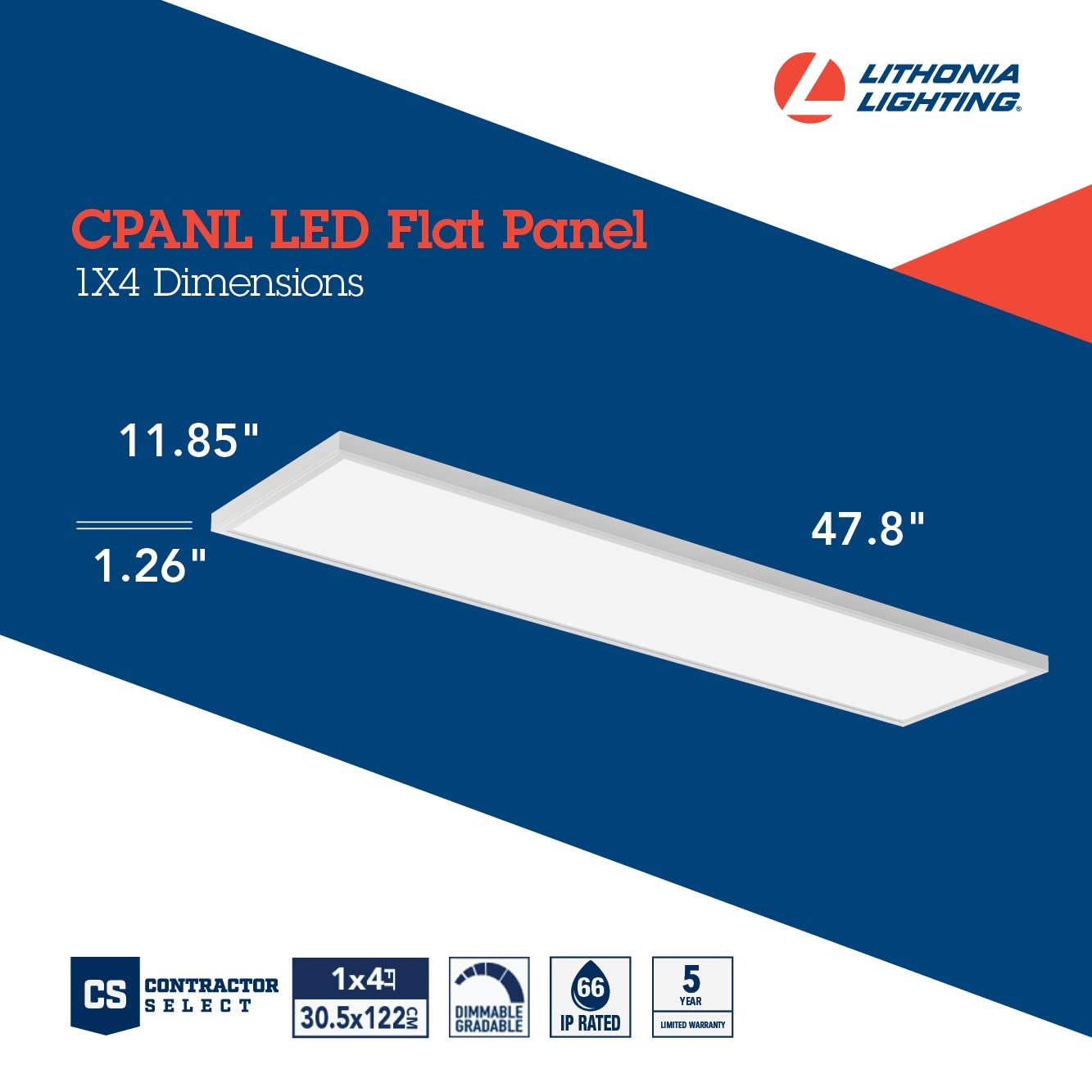 Lithonia Lighting Cpanl 1X4 Led Flat Panel Light, 1 Ft. X 4 Ft. Led Light Panel, Ceiling Lighting Fixture, 2400/3300/4400 Adjust