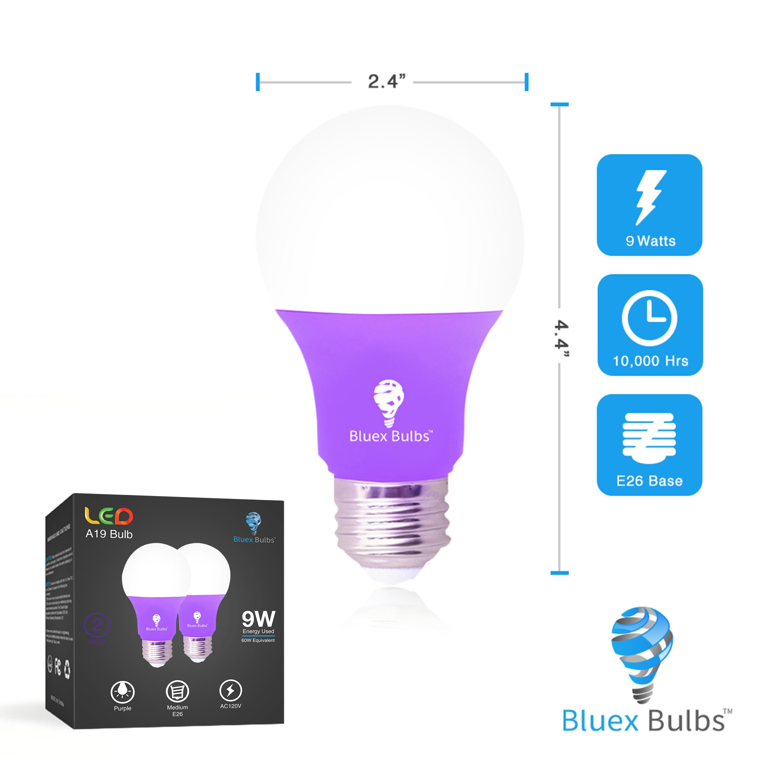 Bluex Bulbs LED A19 Purple Light Bulb, 9W (60W Equivalent), E26 Base, 2 Pack, Perfect for Party & Holiday Decoration, Purple