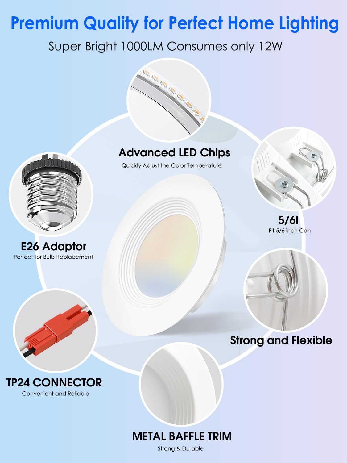 Energetic Led Can Light 5/6 Inch Dimmable, 12W=150W, Daylight 5000K, 1000Lm, Ic Rated & Etl Listed, Led Recessed Lighting Retrofit Downlight, Metal Baffle Trim, Wet Rated, 12 Pack