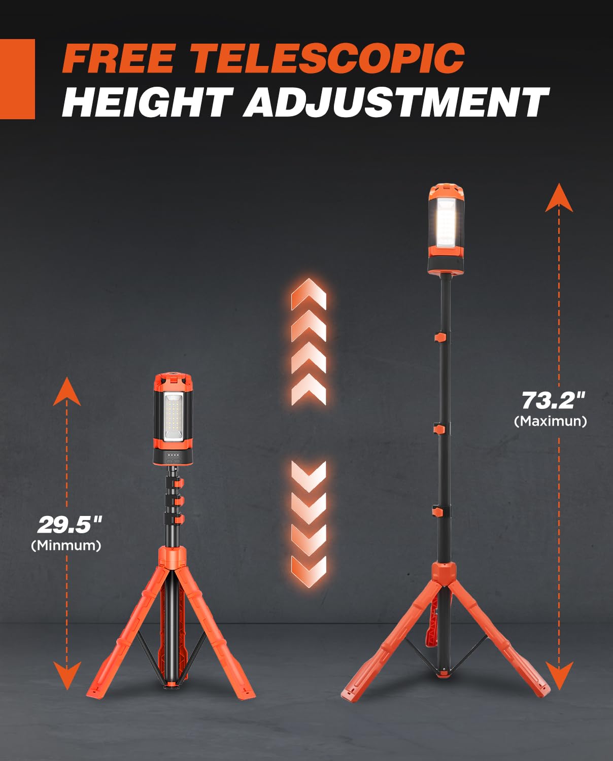 Saker Portable Camping Light LD10, 800/3200 Lumen, Rechargeable, Dimmable, 73.2in Stand, Orange