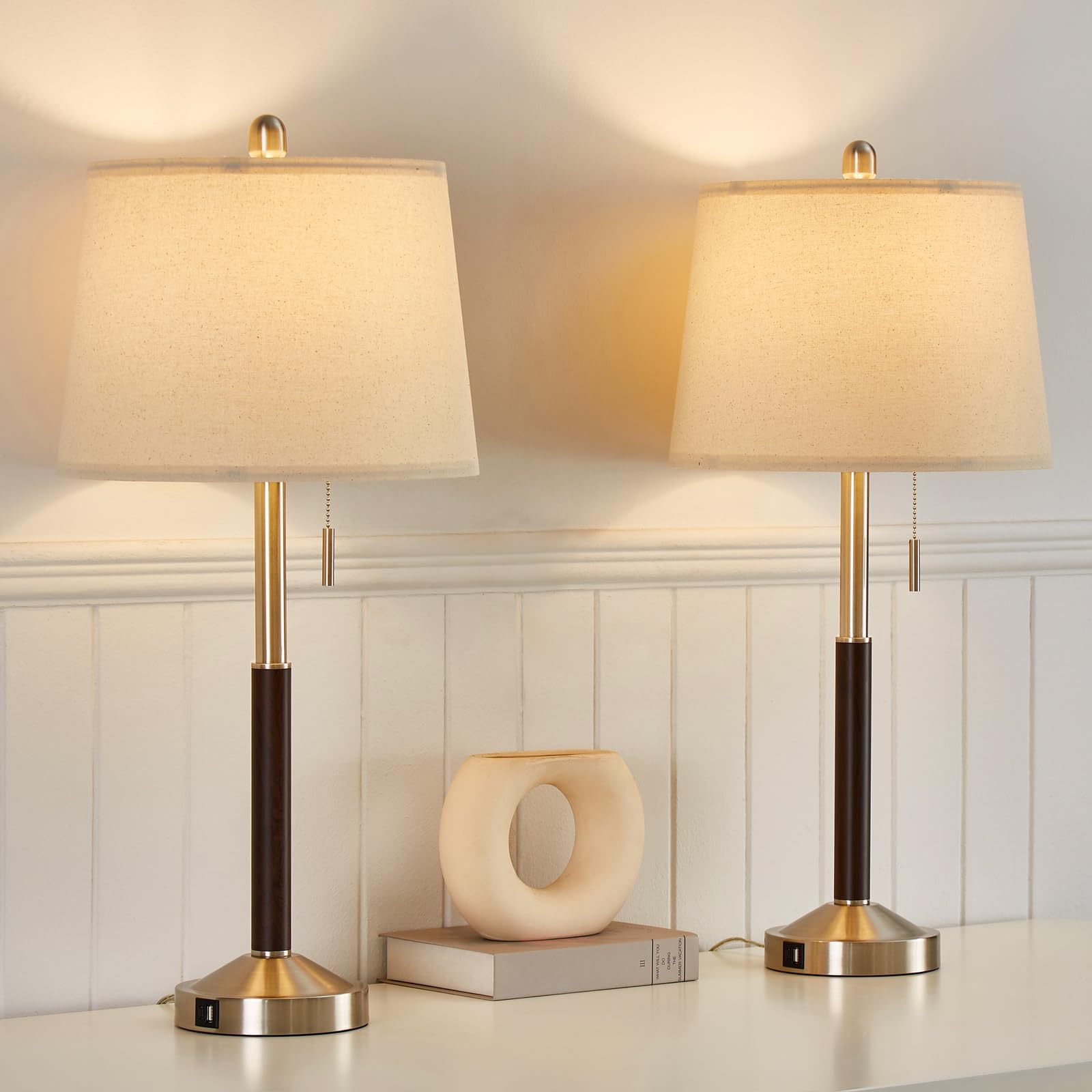 YAMEIWAN 28'' Silver Bedside Lamps Set of 2 for Bedroom - Modern Table Lamp with USB Charging Port for Living Room End Table - M
