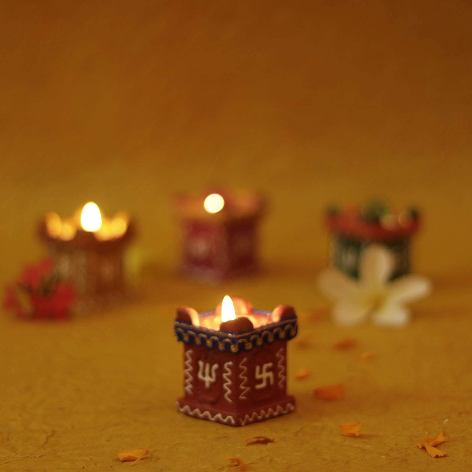 Perpetual Tulsi Diya for Diwali Decoration Handmade | Earthen Clay Terracotta Decorative Diya 4 Pcs Set | Tealight Candle Festiv