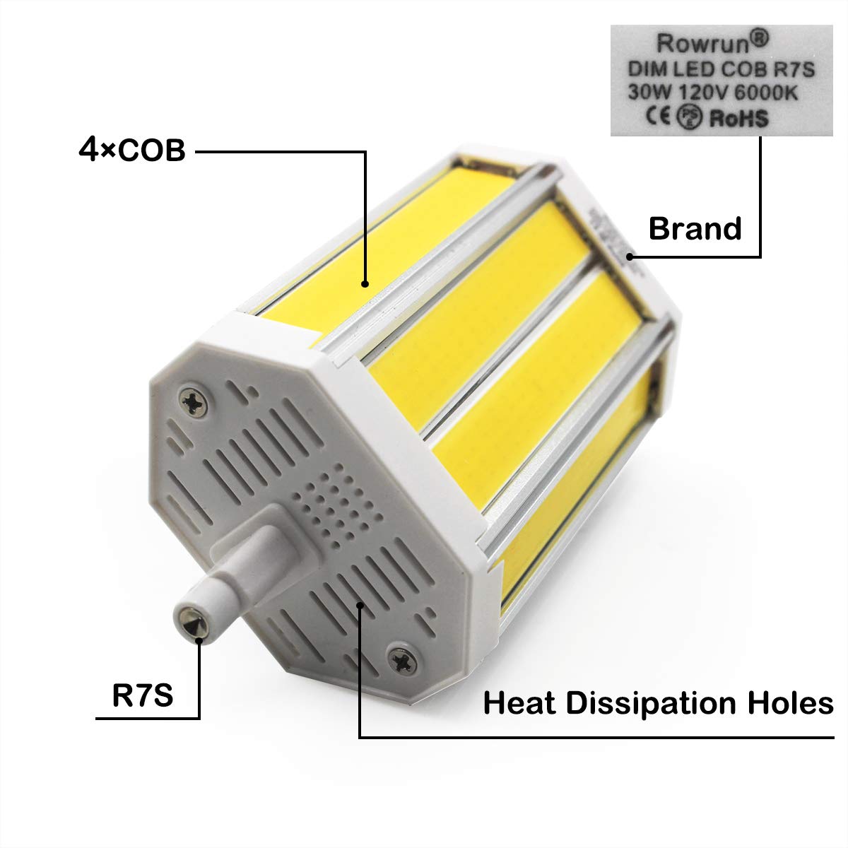 Rowrun R7S J118 30W Led Bulb Double Ended Base J-Type Dimmable Daylight White 6000K Cob Light Bulb 118Mm For Household Lighting