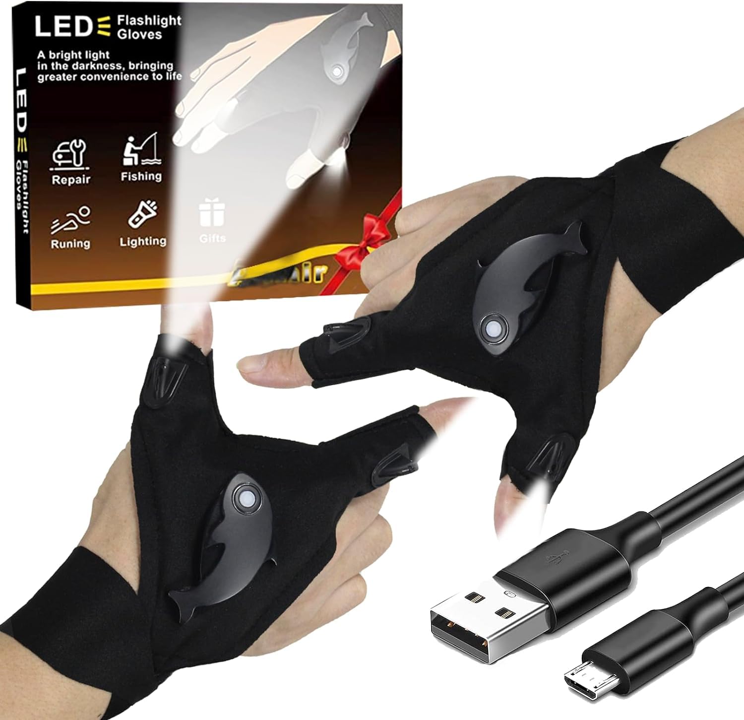 HikooLSS Waterproof Rechargeable LED Flashlight Gloves, Adjustable Strap, One Size, Black