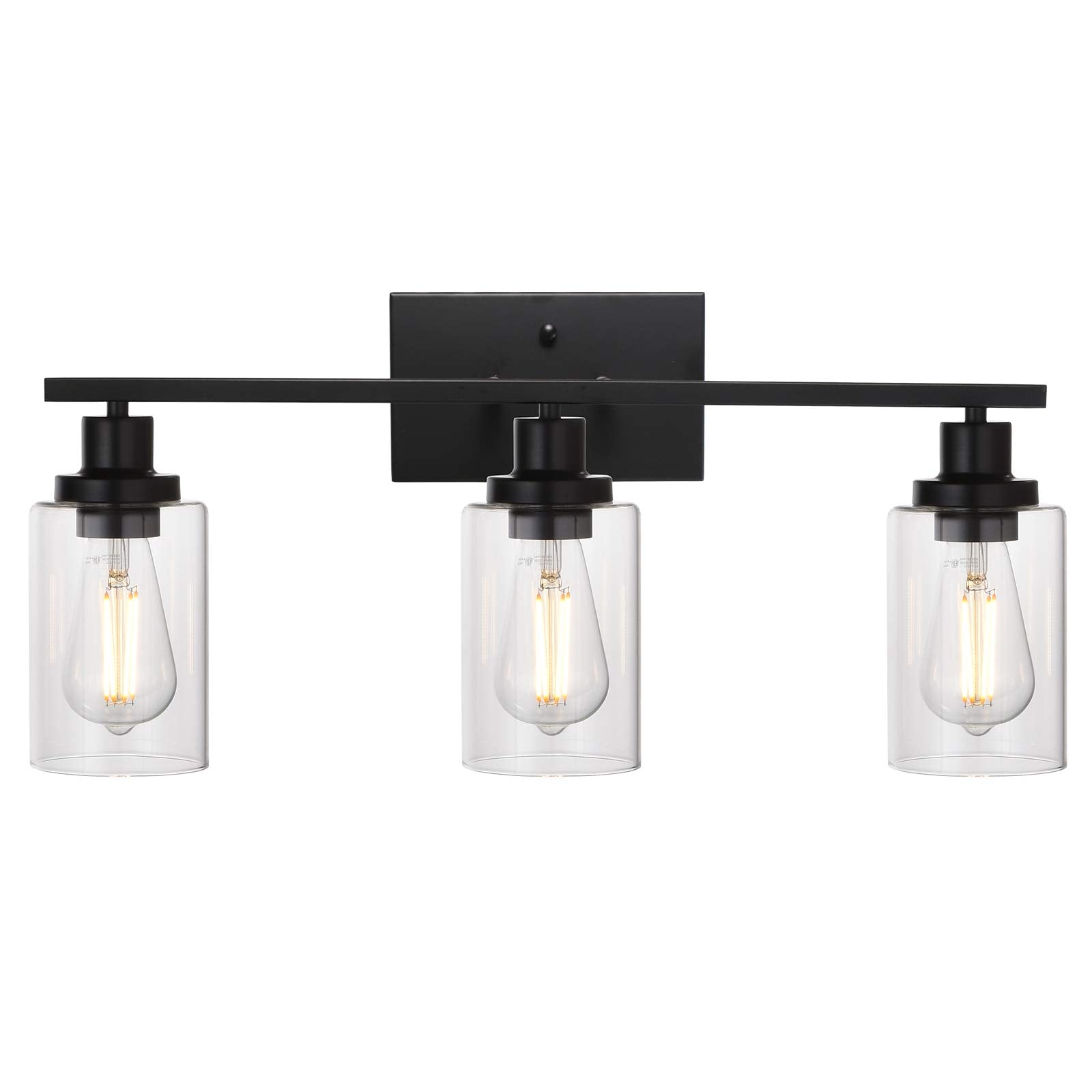 MELUCEE 3-Light Bathroom Vanity Light Fixture - Black Metal Sconce with Clear Glass Shade for Bedroom, Living Room, Hallway, Kitchen