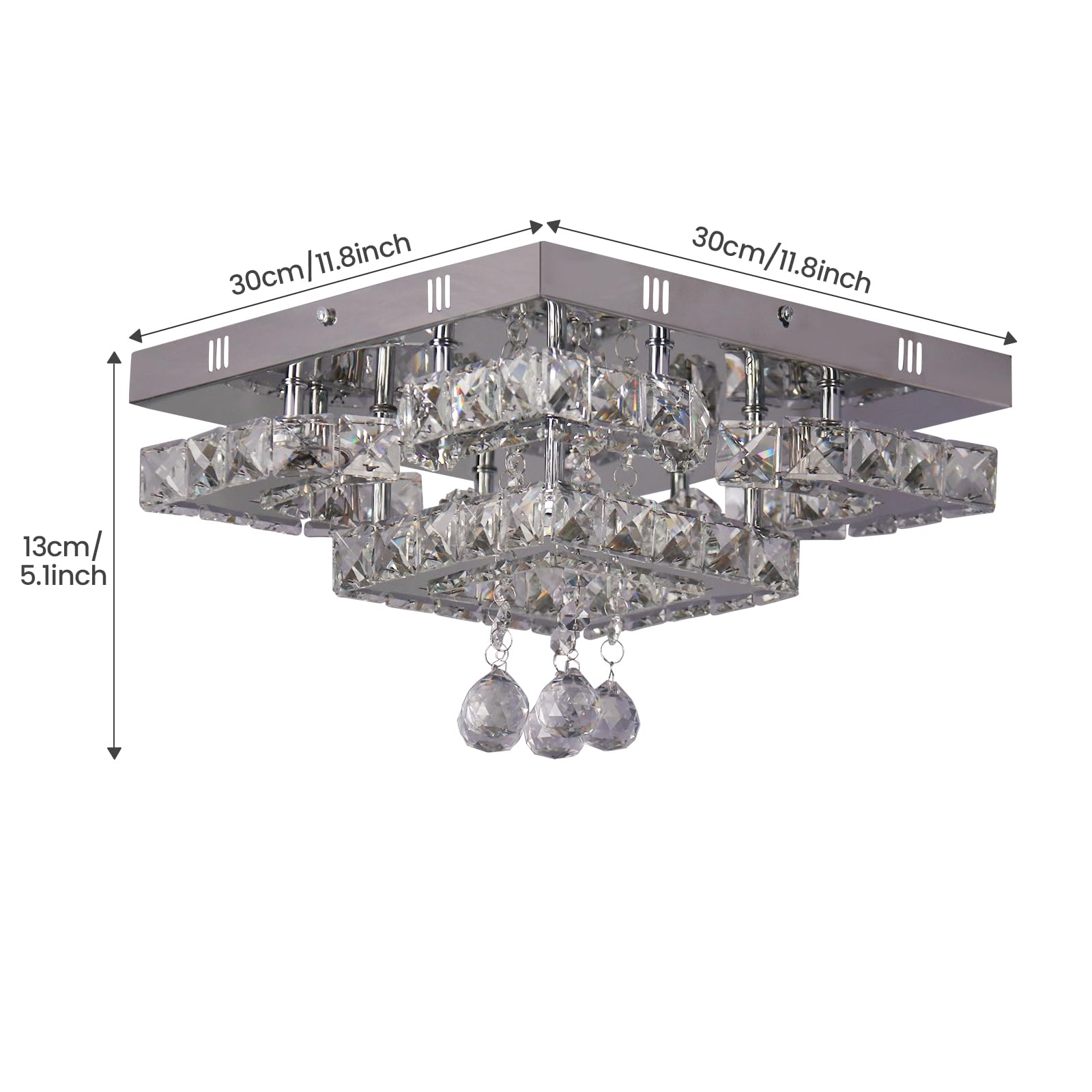 CXGLEAMING 11.8" Modern Crystal LED Chandelier, Dimmable Square Fixture, Stainless Steel & K9 Crystals, 4 Petals Design