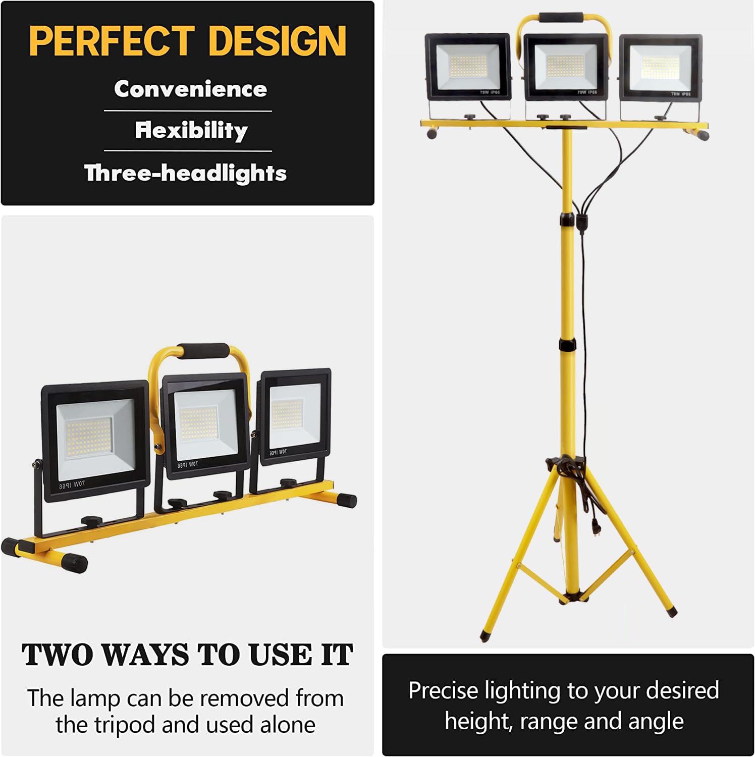 Guwell 21000 Lumen Led Work Light - 3 Adjustable Heads, Aluminum, Waterproof, Yellow-2, Model 23-Wl-08, 2-Pack