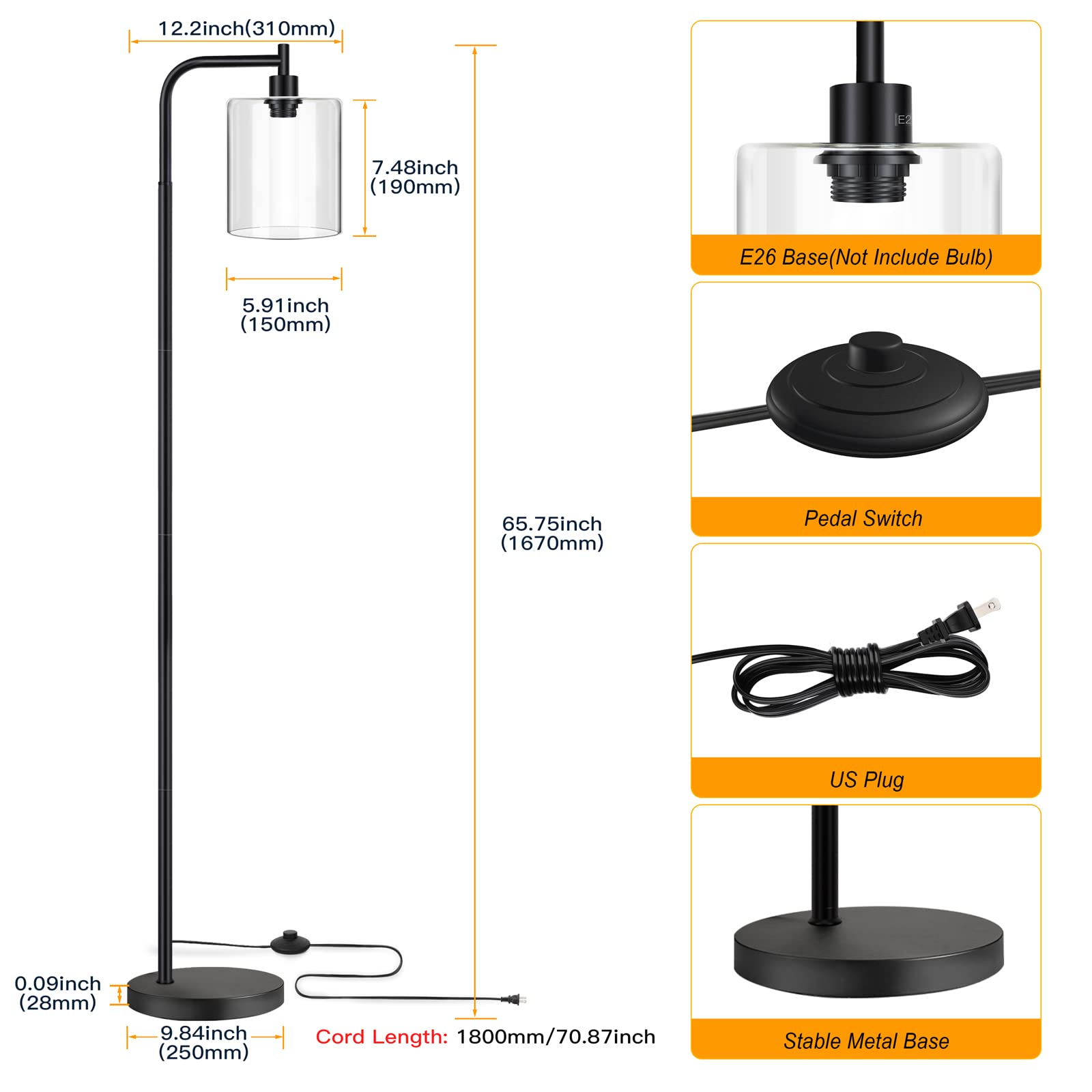 MAXvolador Industrial Floor Lamp, Modern Standing Lamps with Hanging Clear Glass Shade, Classic Reading Tall Pole Light for Livi