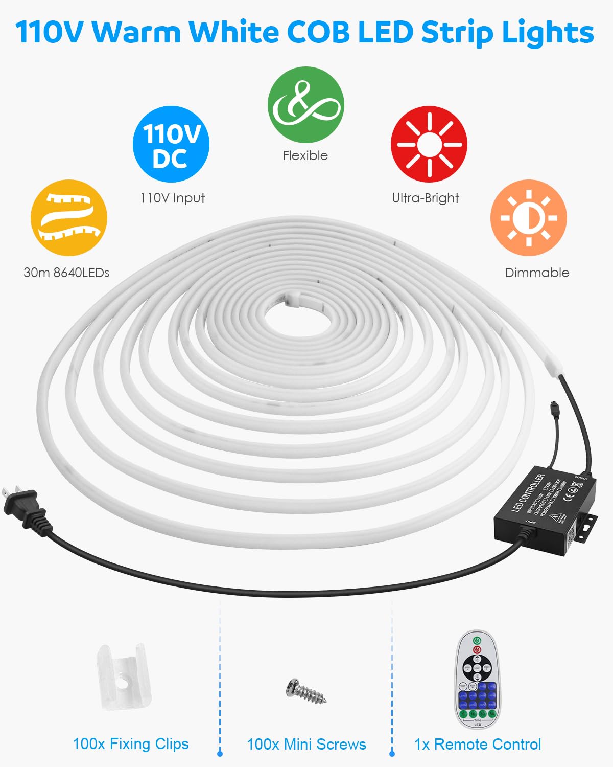 Aclorol 100Ft Outdoor Cob Led Strip Lights Waterproof Warm White 1 Roll Ac 110V-120V Flexible Dimmable Led Lights Strip With Rem