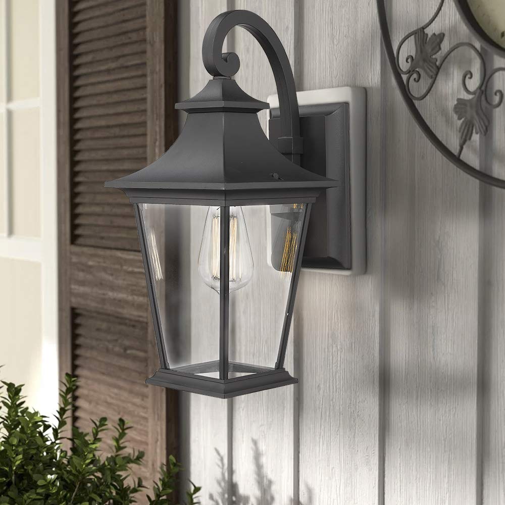 Emliviar Outdoor Wall Lantern, 1-Light Black Exterior Light With Clear Glass, 18&quot; Height