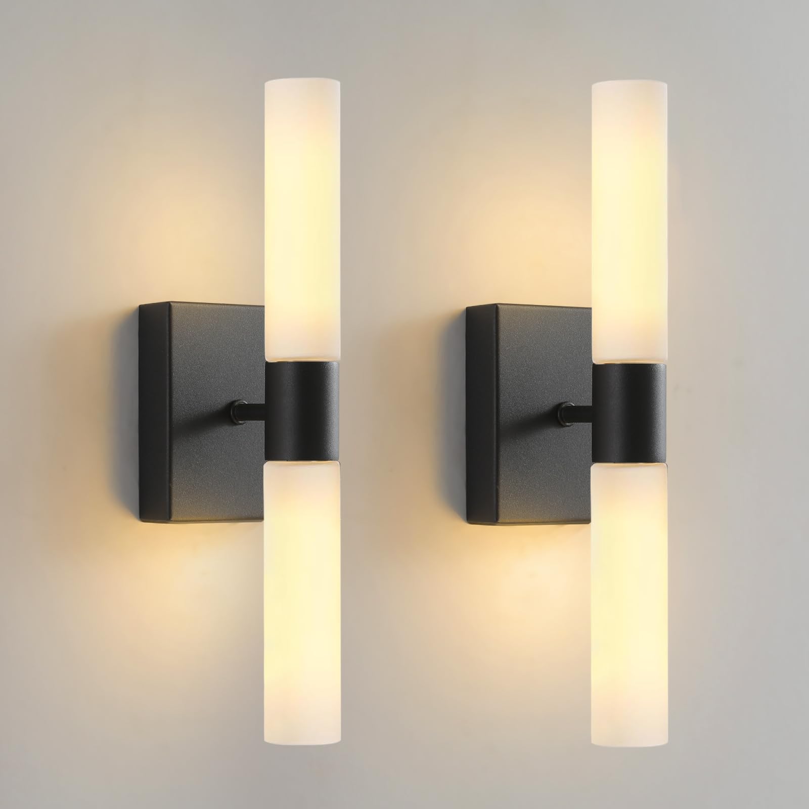 Kuzzull Wall Sconces Set Of Two Matte Black Modern Bathroom Sconces Lighting Set Of 2 Frosted Glass Shade Indoor Wall Lamp Wall