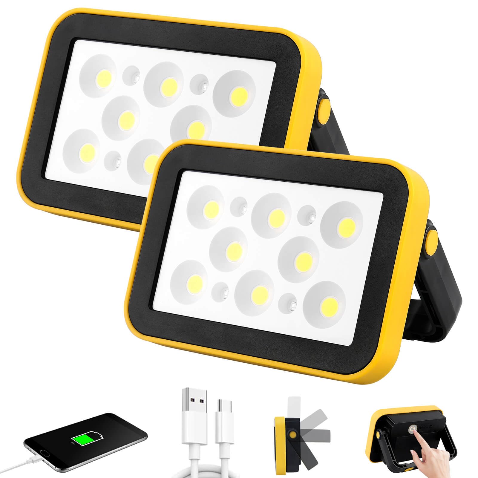 AUMIO Rechargeable Work Lights with Tripod Mount - 2-Pack Portable COB Camping Light with Stand  Battery Operated Job Site Lighting  Outdoor LED Flood Light for Garage  Workshop - Waterproof  3000LM