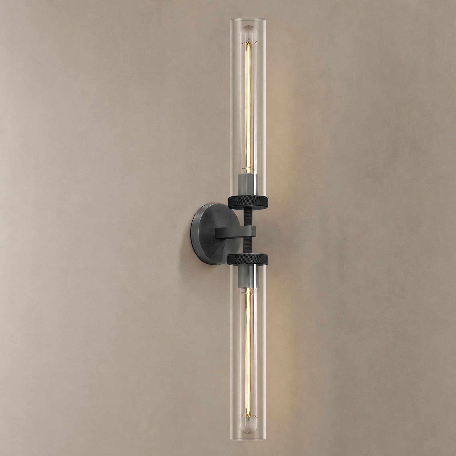 Black Wall Sconces Hardwired, 30 Bronze Wall Sconce for Bathroom, Linear Sconces Wall Lighting, 2-Light Knurled Wall Sconce Dimm