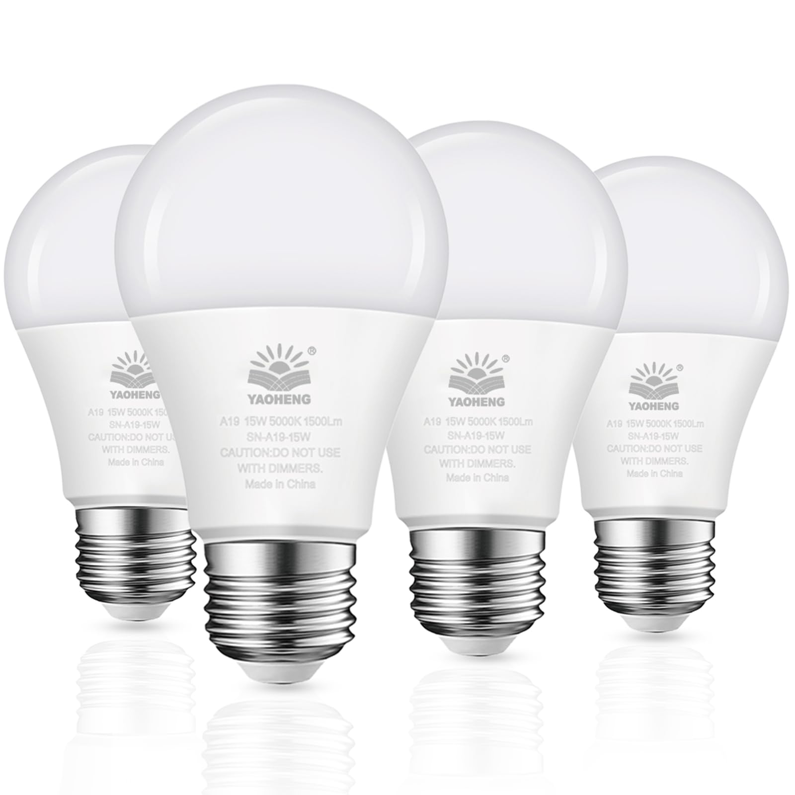 YAOHENG A19 LED Light Bulb, 15W, 100W Equivalent, 1500 Lumens, 5000K Daylight White, E26 Base, Non-Dimmable