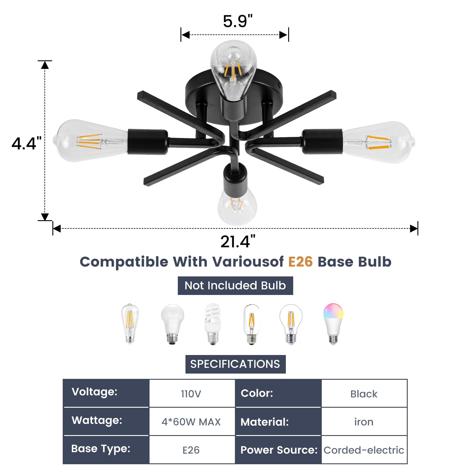 4 Light Farmhouse Sputnik Lighting Fixtures Ceiling Fixtures Black Industrial Flush Mount Lamp Hallway Light Fixture Sputnik Ceiling Lighting For Kitchen Living Room Bedroom Foyer Entryway E26