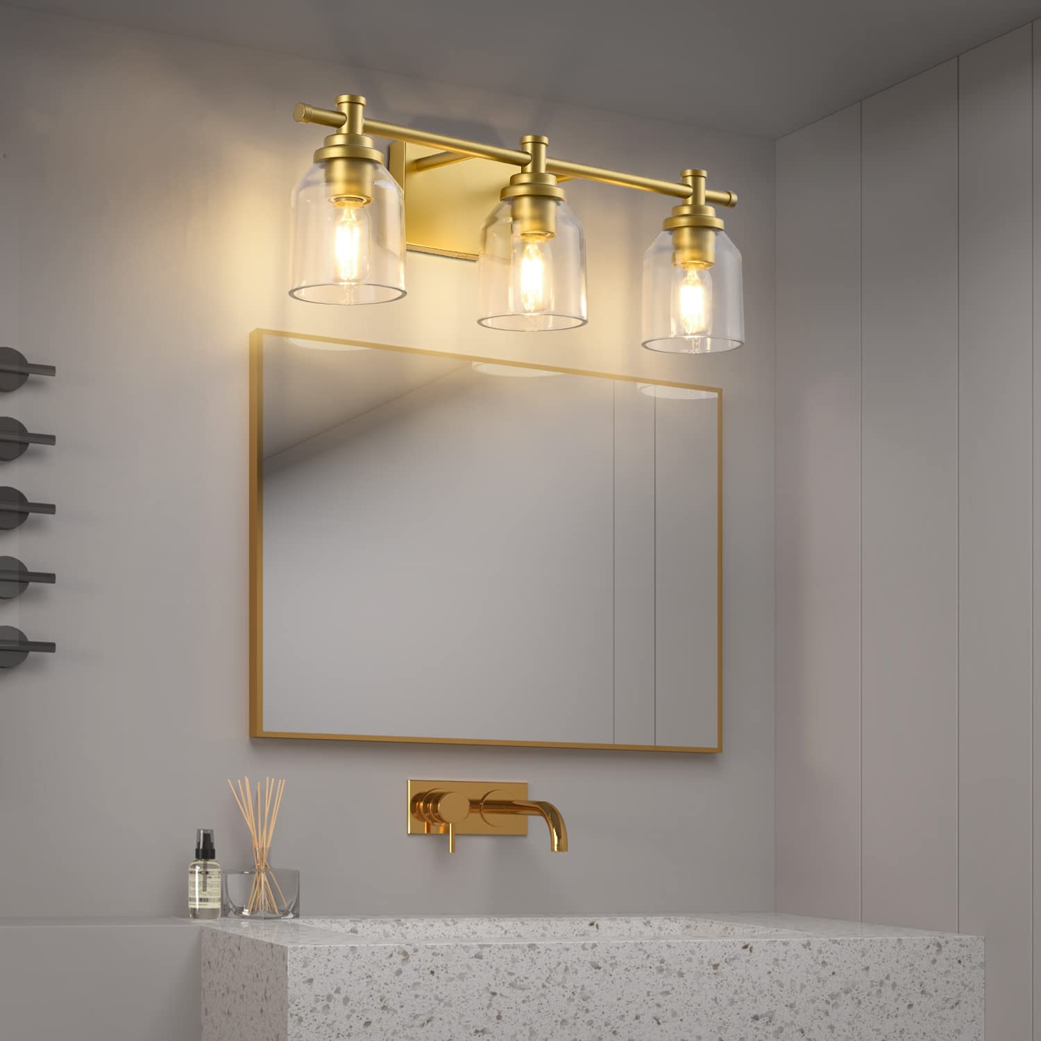 SOLFART 3-Light Bathroom Vanity Light Fixtures, Vintage Gold, Glass Shade with Metal, Over Mirror Wall Lighting
