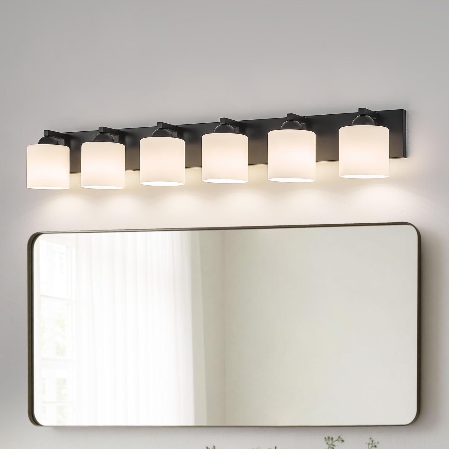 mirrea 44-Inch 6-Light Black Vanity Lights for Bathroom, Vanity Lighting Fixtures with Etched White Glass Shades