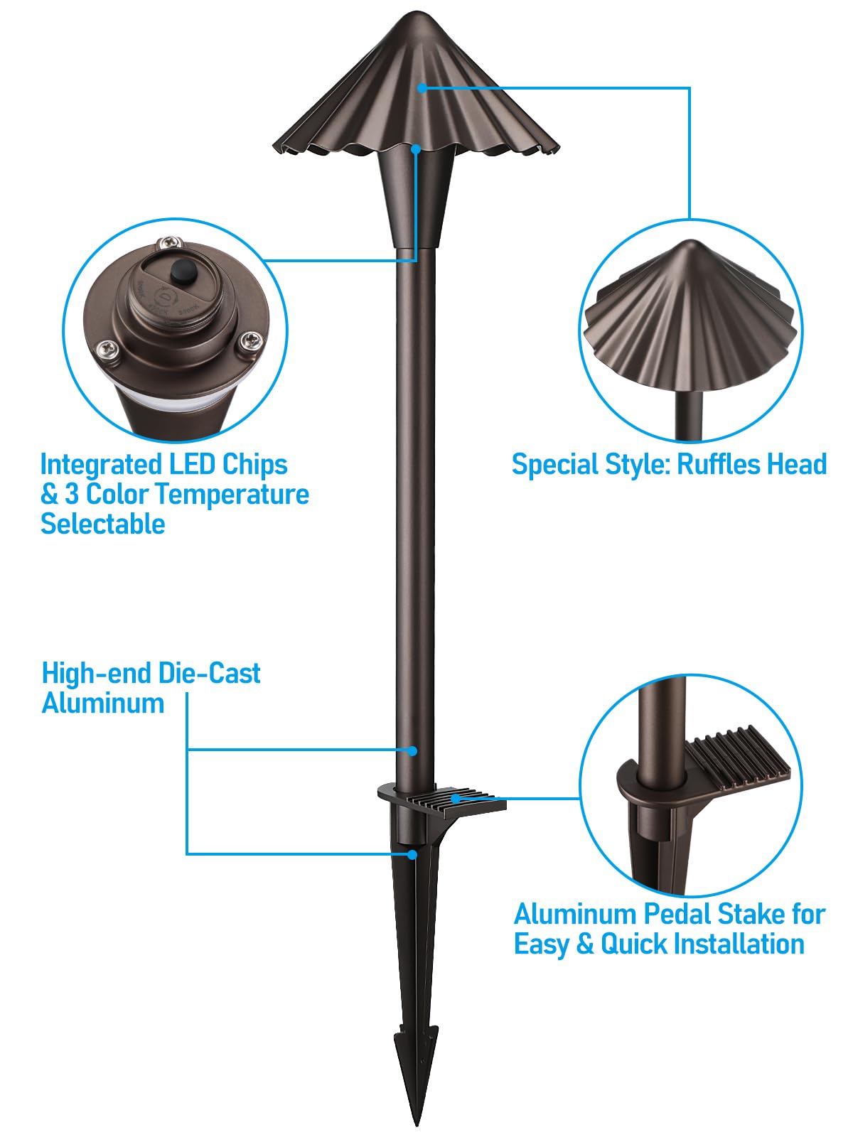 LEONLITE LED Landscape Path Lights, 3CCT, 6 Inch, Aluminum, Oil Rubbed Bronze, Model A-52715, Pack of 6, IP65, Low Voltage