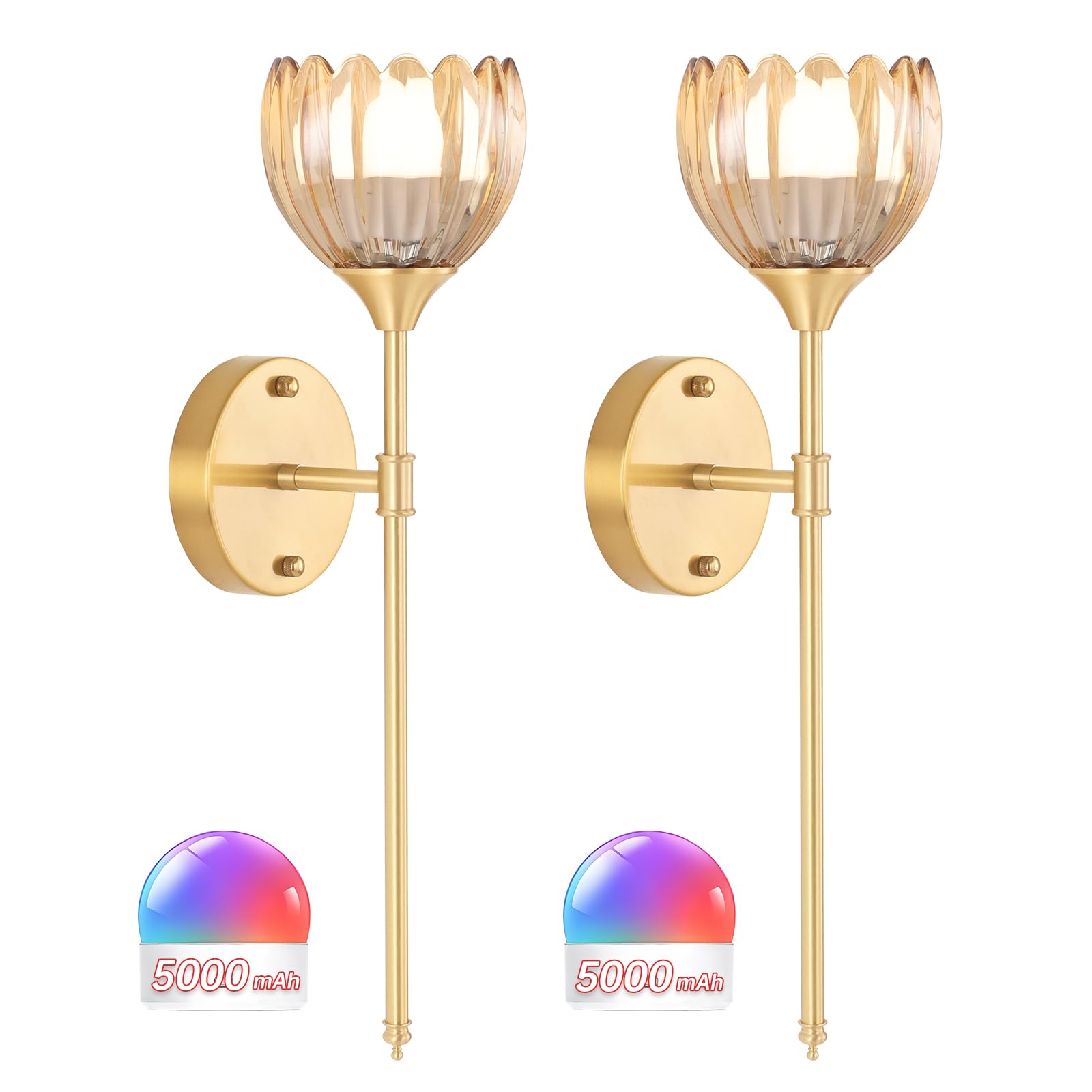 Shenmoyl Battery Operated Wall Sconce Set of 2, Amber Tulip Glass Light Fixture, Rechargeable, Remote, Living Room, Bathroom