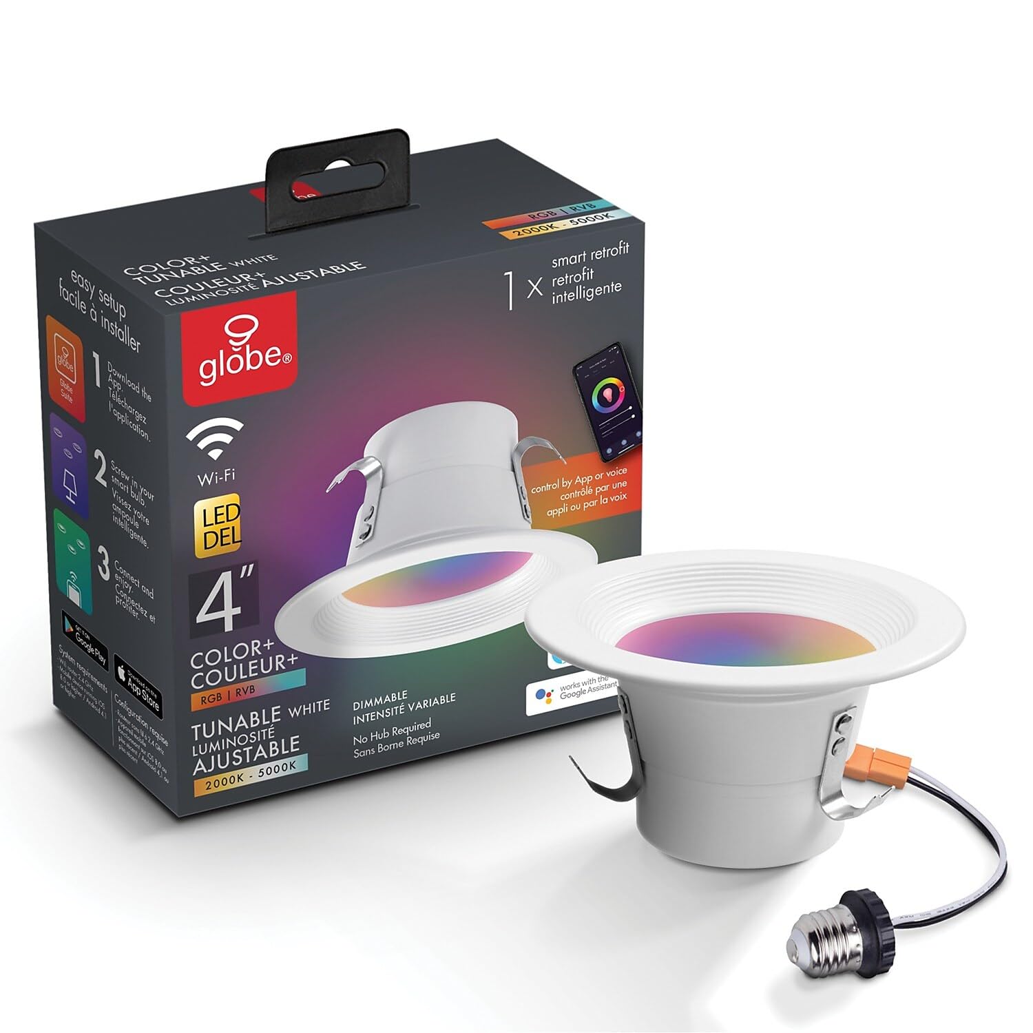 GLOBE Electric 50078 Wi-Fi Smart 4 LED Retrofit Recessed Light, No Hub Required, Voice Activated, 10 W, Multicolor Changing RGB,