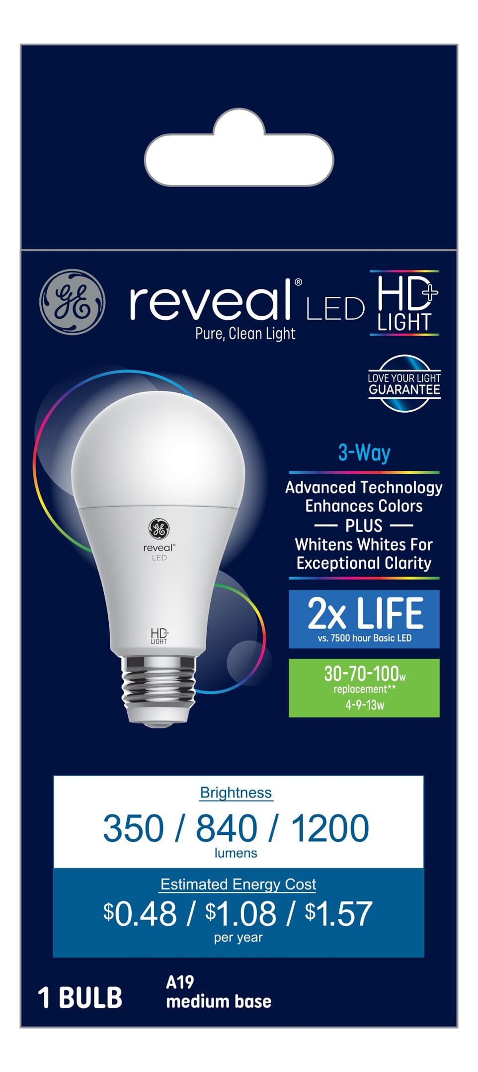GE Reveal A19 3-Way HD LED Light Bulb Medium Base (E-26)