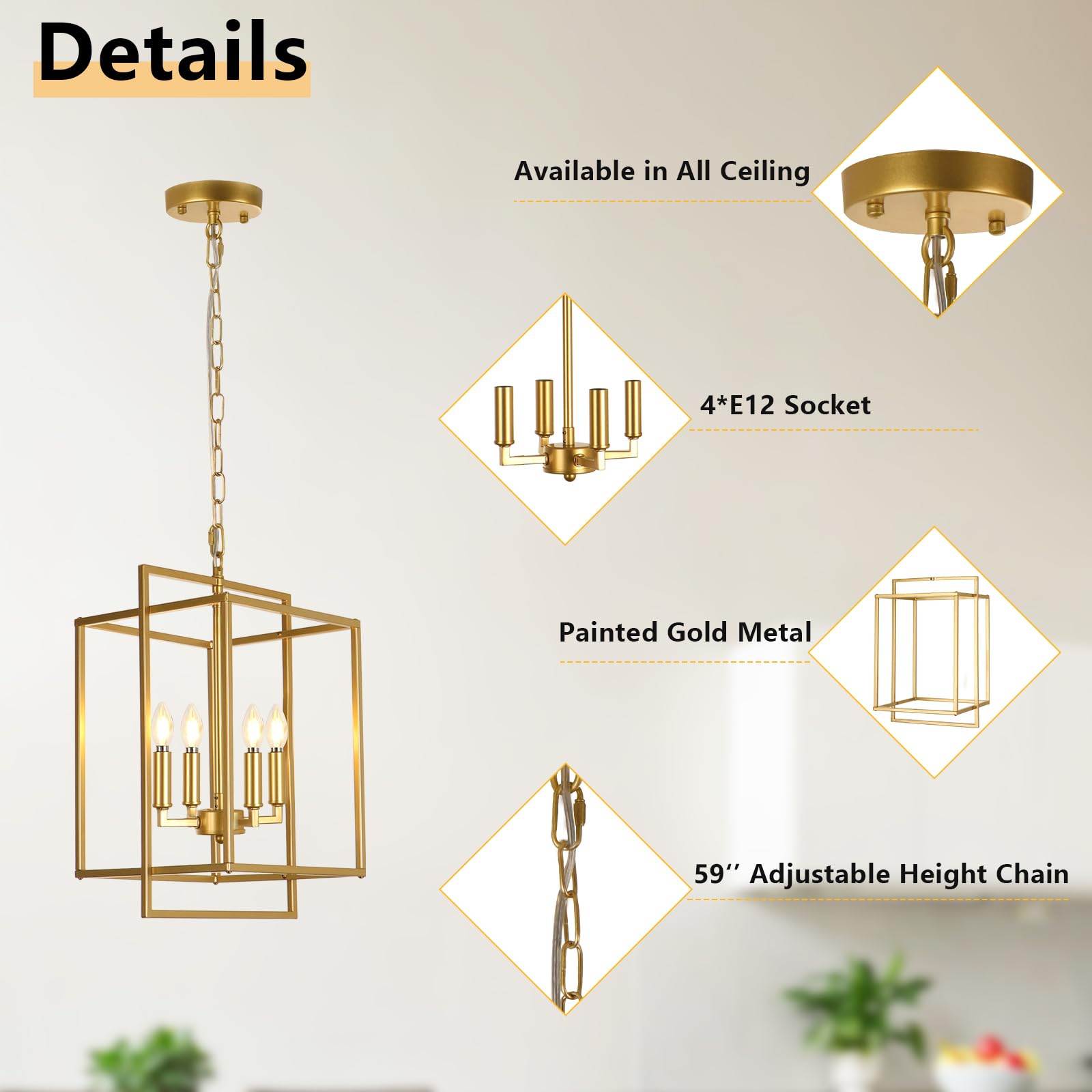 Kmaipem Farmhouse Gold Chandelier, 4-Light Vintage Chandeliers For Dining Room, Adjustable Modern Rustic Metal Hanging Pendant L