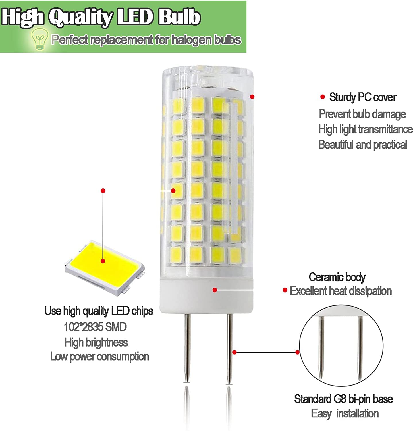 Zssxoled G8 Led Bulb Dimmable 7W Equivalent 75W-80W G8 Halogen Bulb  Gy8.6/G8 Bi-Pin Base Light Bulb 120V For Under Cabinet Light  Under Counter Kitchen Lighting White 6000K 5 Pack