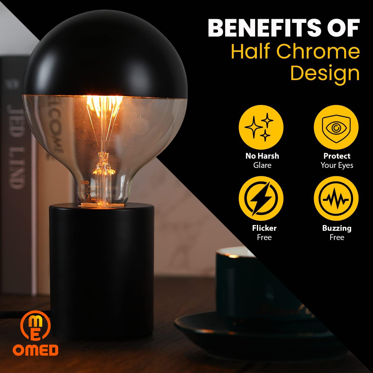 Omed G80 Anti Glare Half Black Chrome Dimmable Led Light Bulbs 6 Pack, E26 2700K Soft White Globe Dipped Edison Bulbs, 6 Watt 60