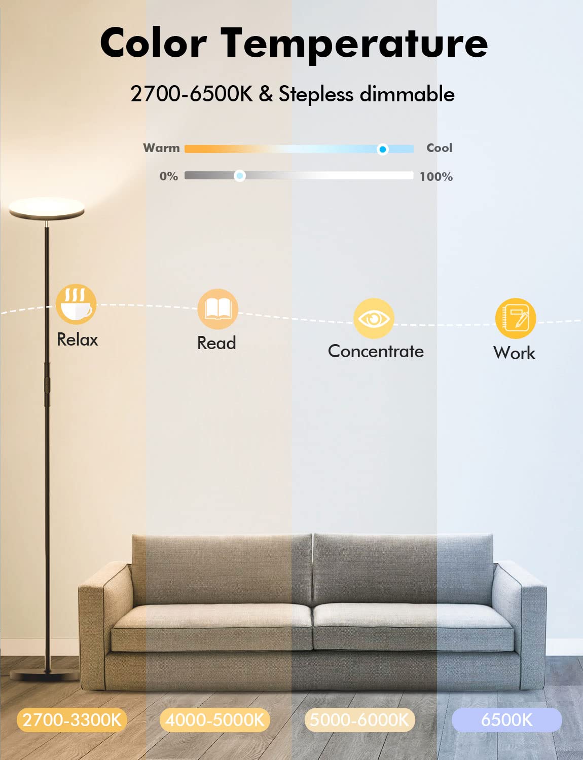 YHW Smart RGB Floor Lamp - 2000LM Color Changing Torchiere, WiFi/Alexa Compatible, Modern Design, Black, Model: ZJ-BWFL-RGBWW-CM