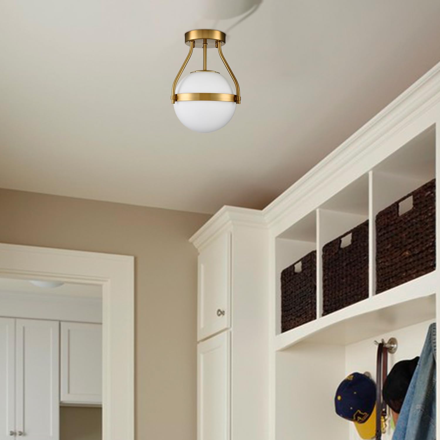 HOLKIRT Modern Ceiling Light Fixture, Brass Globe 7 Inch, Opal Glass, Mid Century Semi Flush Mount, Model B7106CU-J-20
