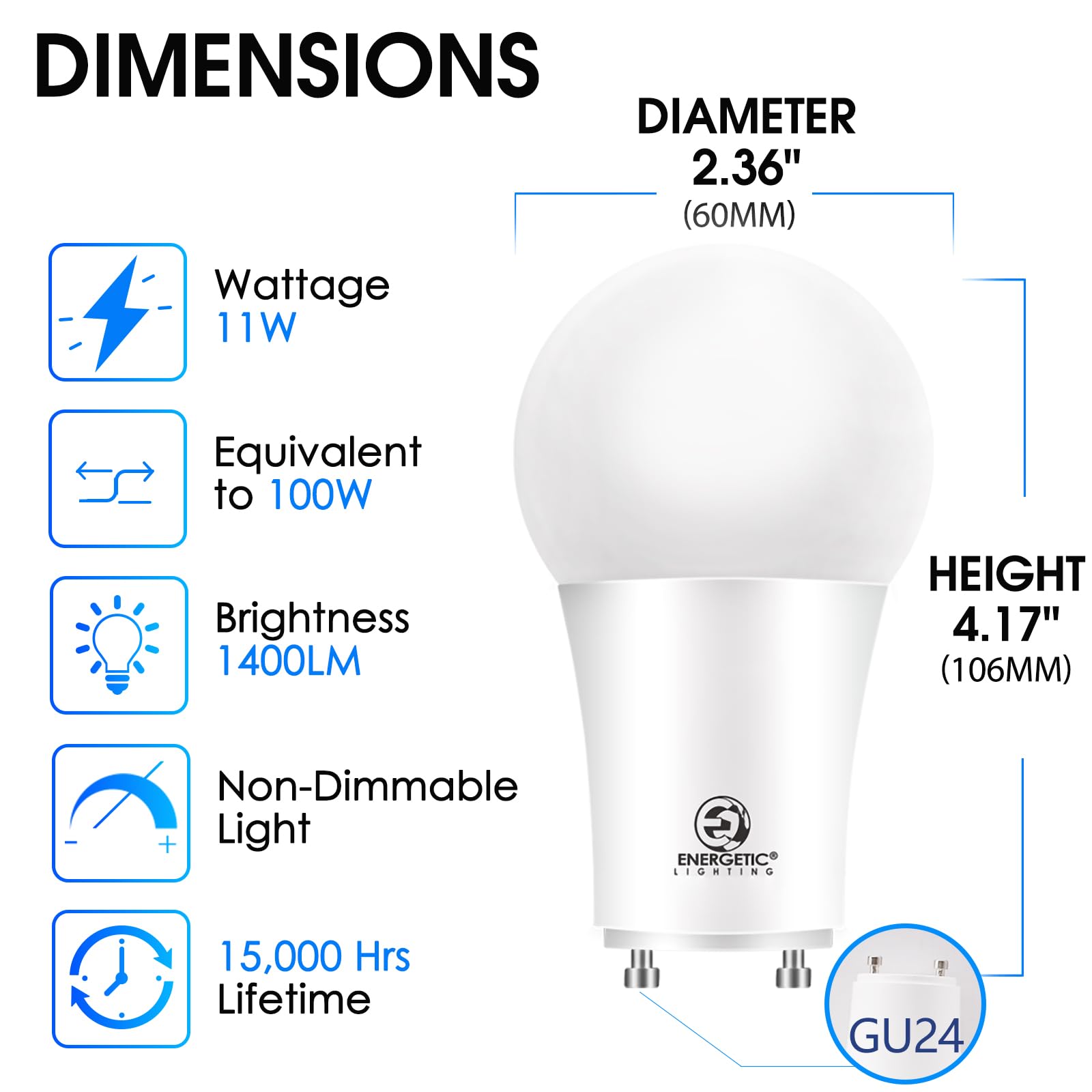 Energetic Led Gu24 Base Light Bulb  1400 Lumens  A19 Shape  100 Watt Equivalent (11W)  5000K Daylight  Non-Dimmable  Twist Lock Light Bulbs For Home Lighting  Etl Listed  4 Pack