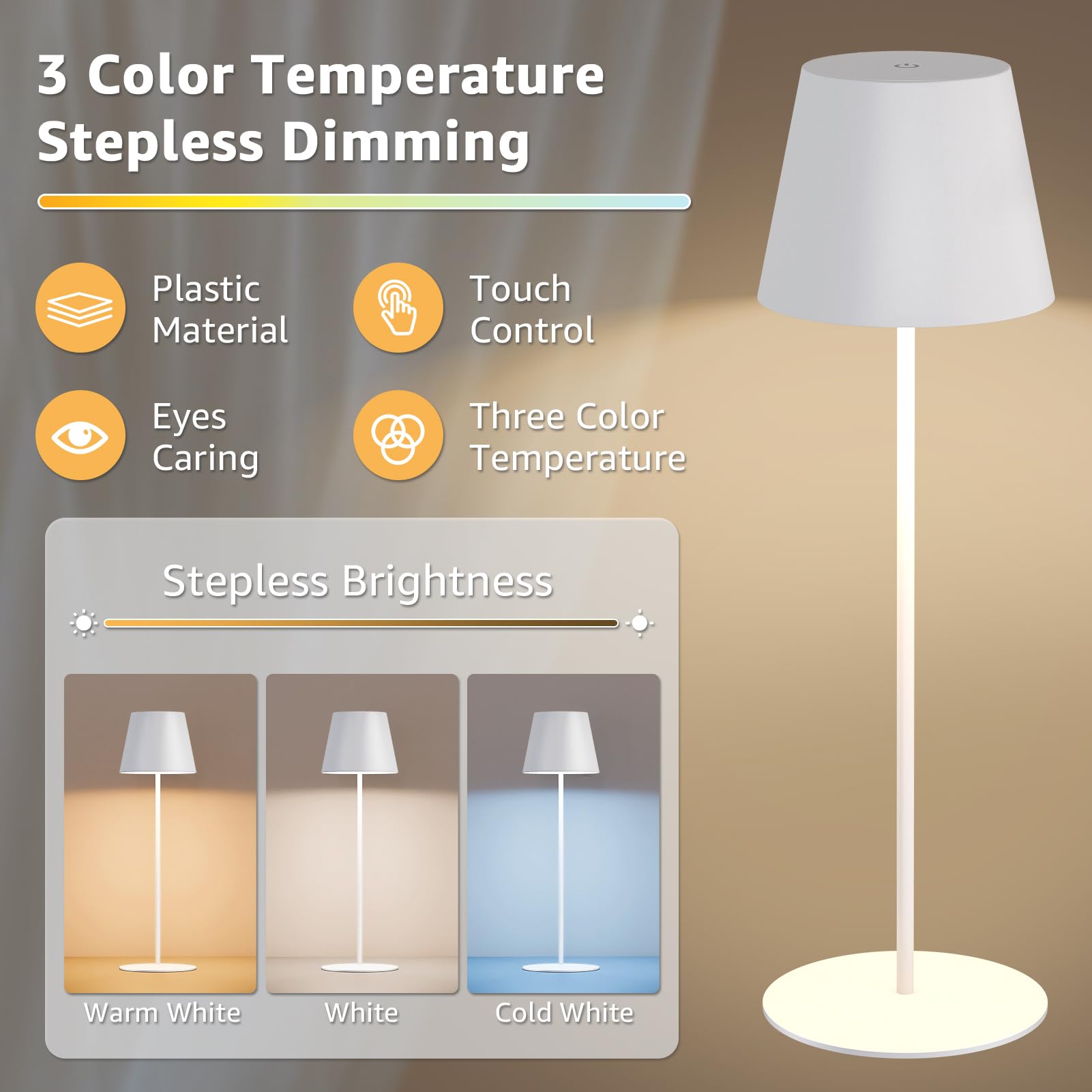 uuffoo Cordless Rechargeable Table Lamps, 5200mAh, 3 Colors Dimming, Small, White, 2 Pack, Model PBG-1238