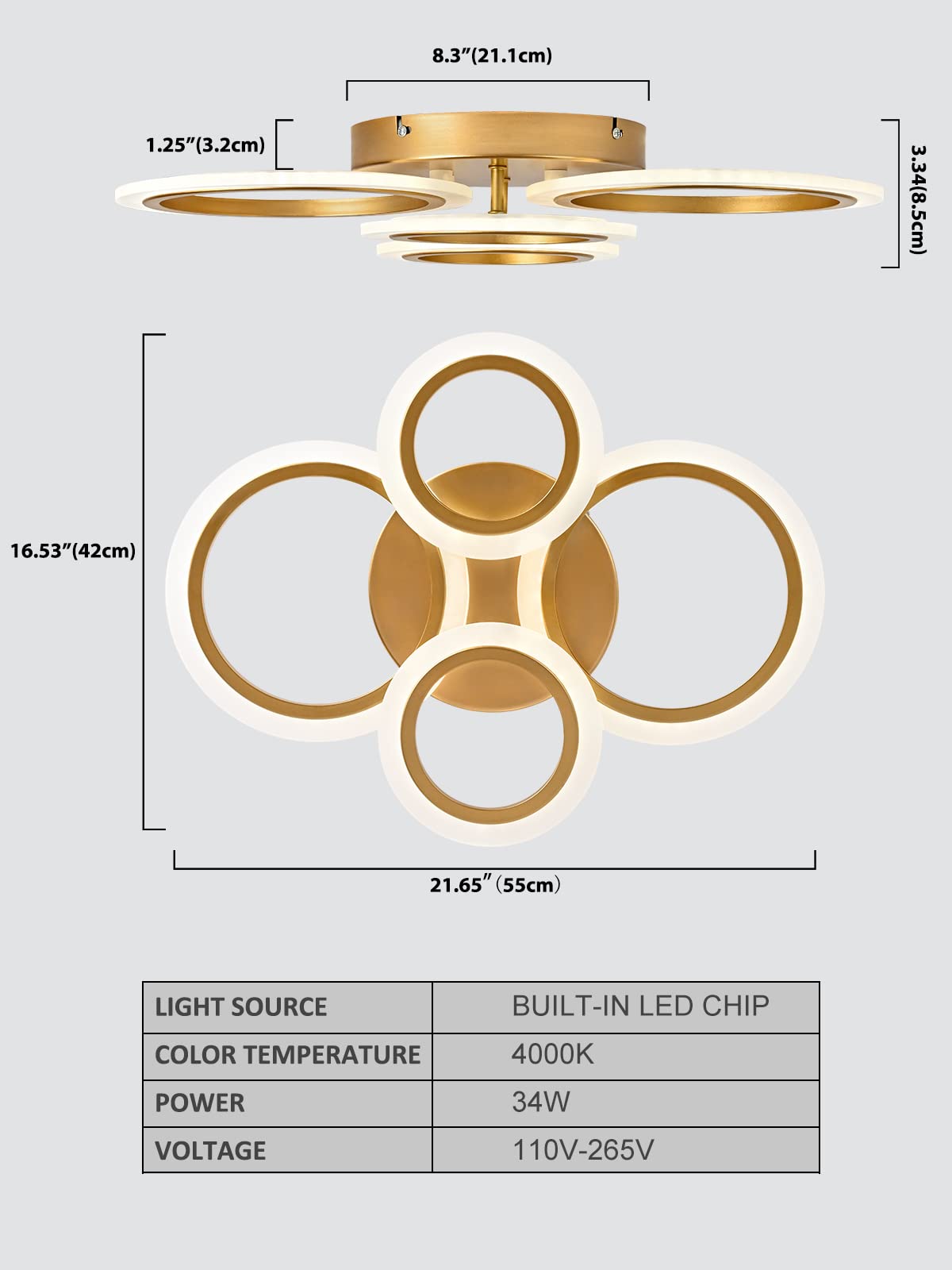 Vikaey Modern Led Flush Mount Ceiling Light, 4 Rings Gold Close To Ceiling Light, Lighting Fixture Ceiling Lamp For Kitchen, Living Room, Bedroom, Laundry Room, 4000K Not Dimmable