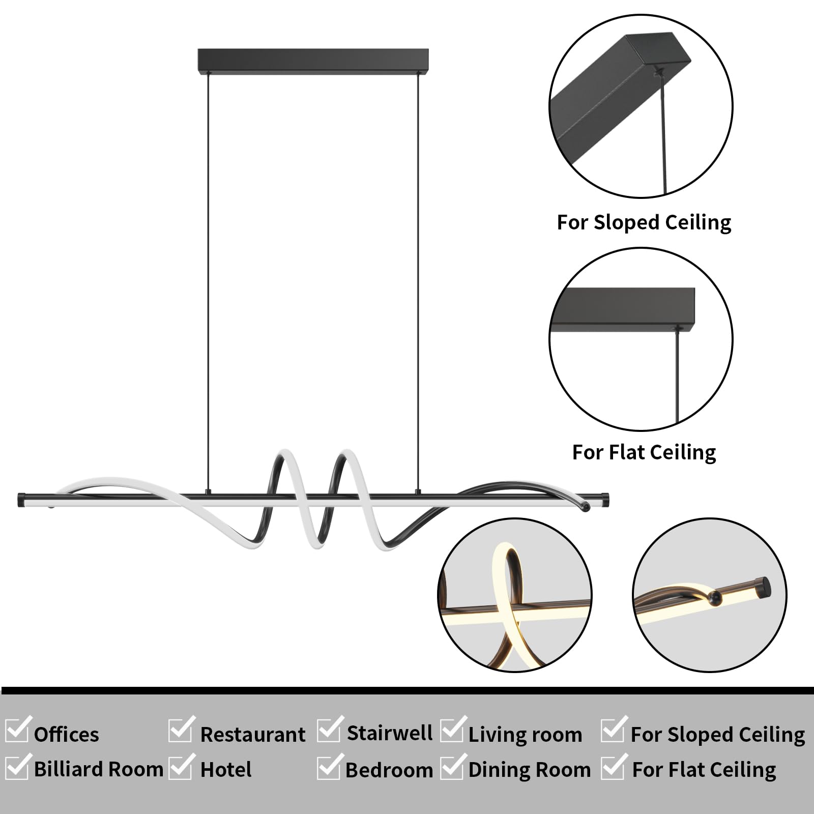 Zihoi LED Pendant Light, Dimmable with Remote Control, 3000K-6000K, 47in, Black, Metal, Model LX