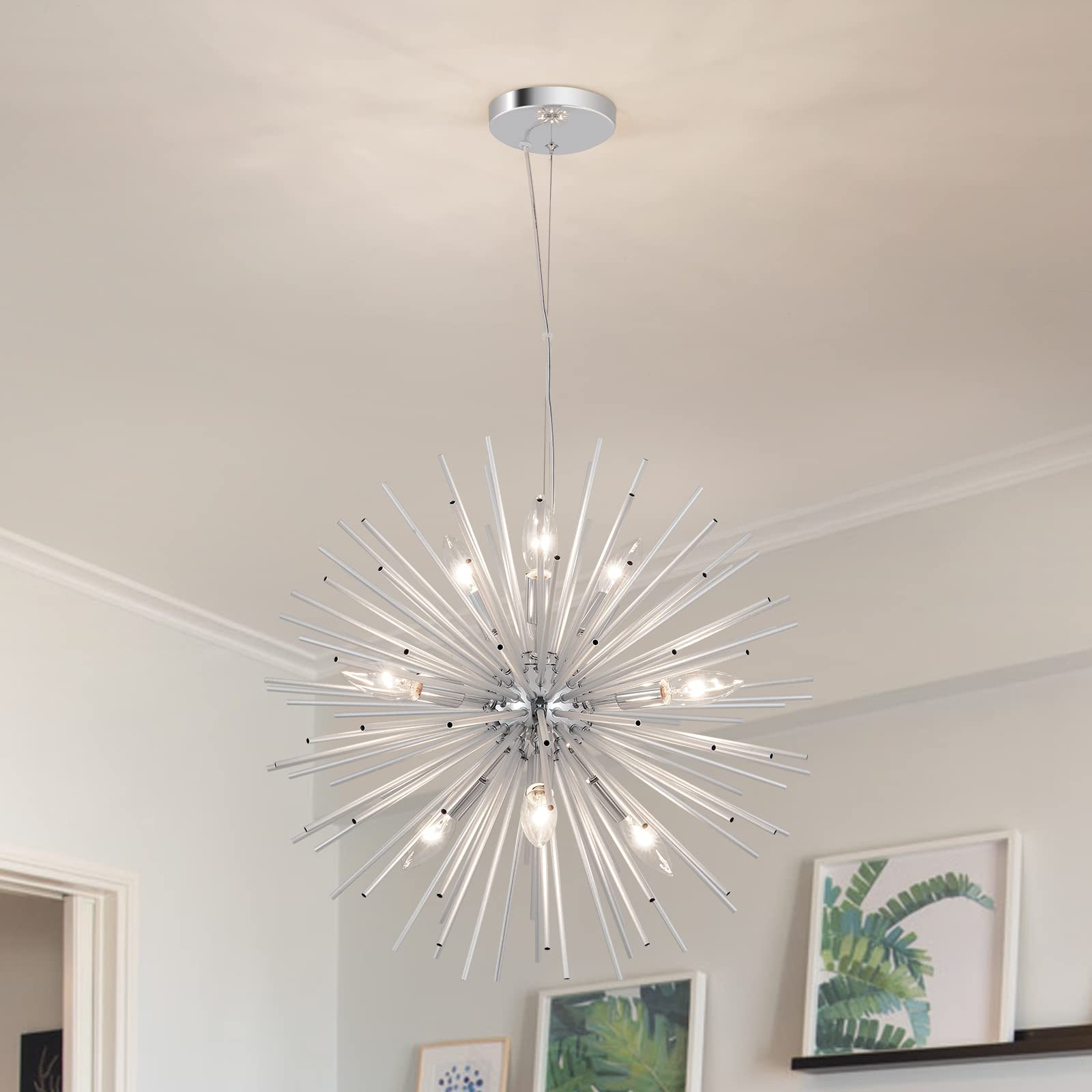 Modern Chrome Sputnik Chandeliers, 9-Light Satellite Pendant Light Fixtures, Starburst Firework Ceiling Lights For Bedroom Livin