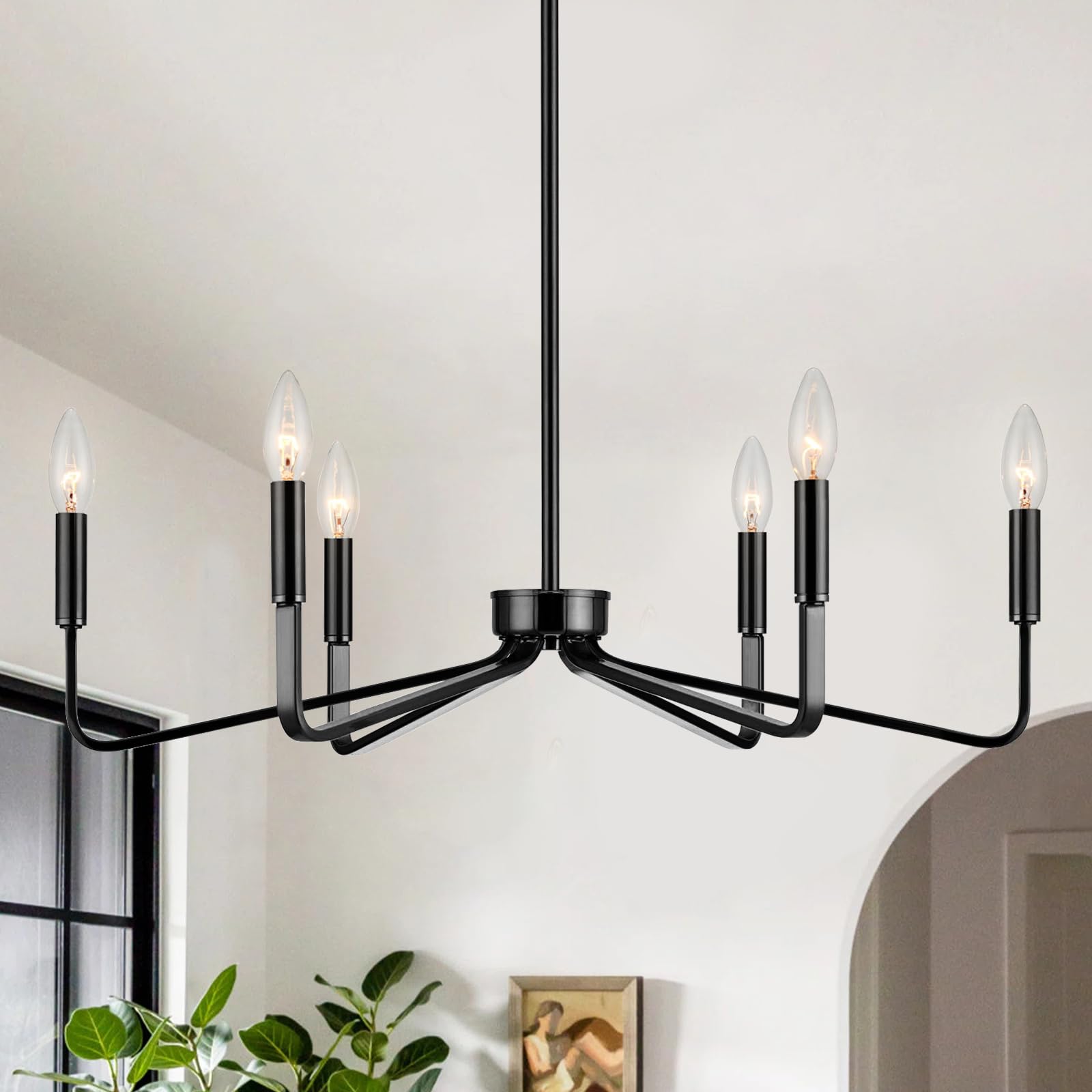 Acaner Black Chandelier For Dining Room, 6-Light Farmhouse Kitchen Light Fixtures Over Table, 26'' Rustic Candle Chandelier For 