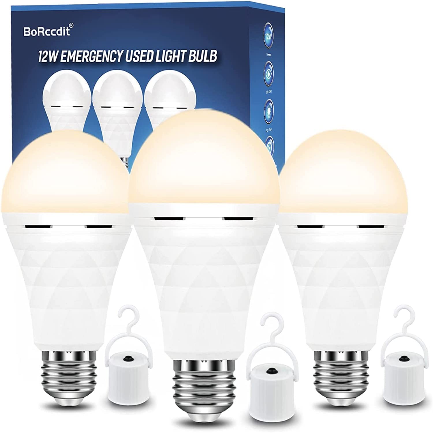 Borccdit A19 Rechargeable Light Bulbs, 12W Soft White, 3Pk, 1200Mah Battery Backup For Home Power Failure & Hurricane Supplies
