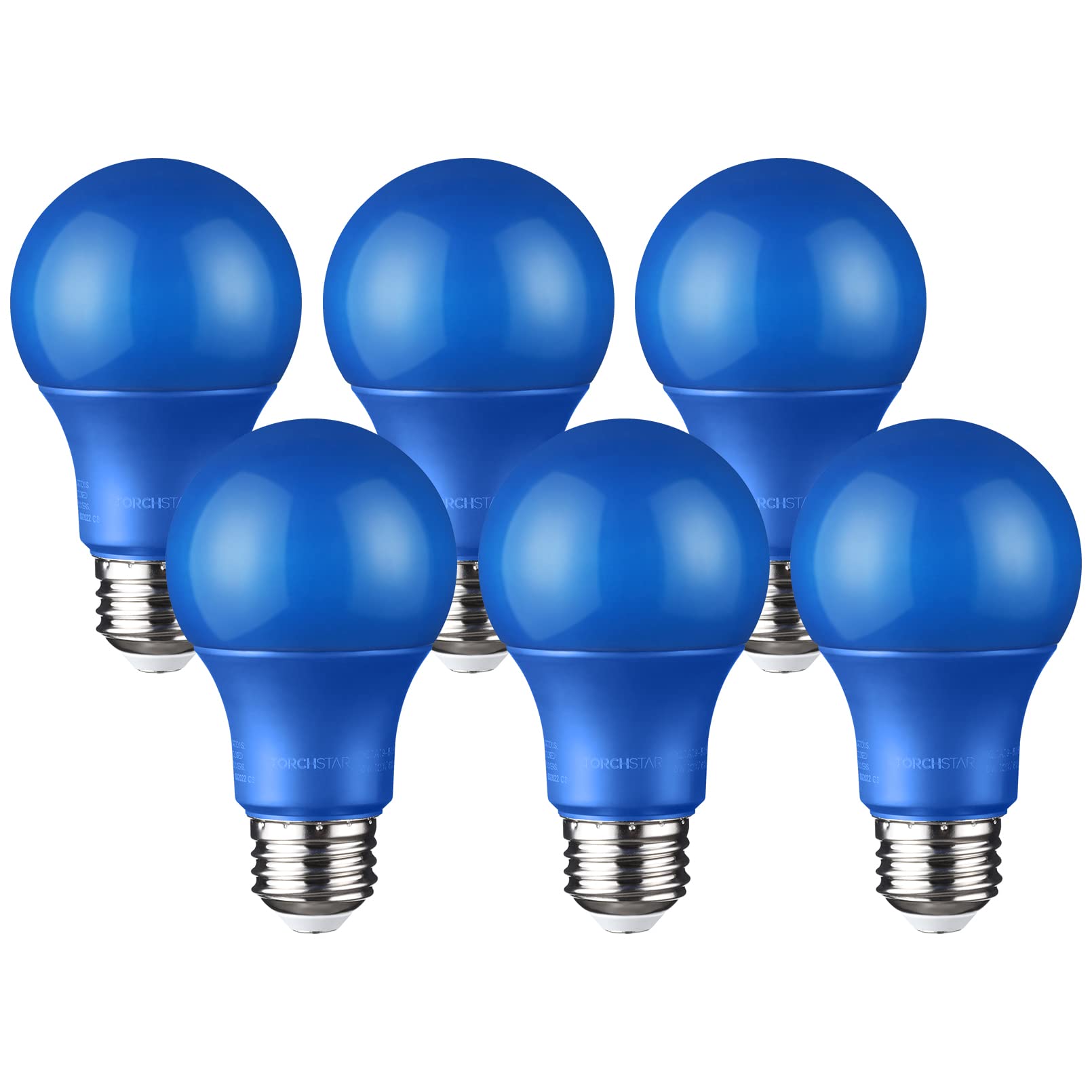 TORCHSTAR LED A19 Blue Light Bulbs, E26 Base, 8W, UL Listed, Pack of 6, Plastic Clad Aluminum