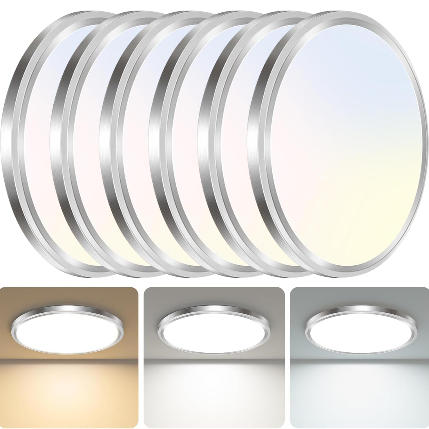 zemty LED Ceiling Light Fixture, 12W 1200lm, 6.5-Inch, Brushed Nickel, Adjustable 3000K/4000K/6500K, Model