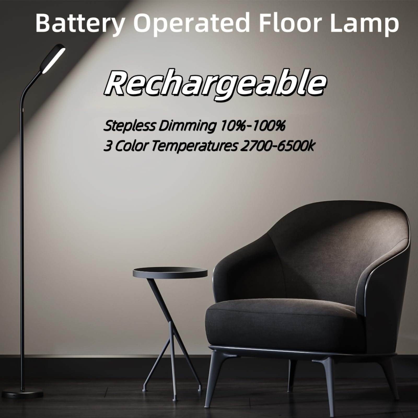 YUWLDD Cordless Floor Lamp, Rechargeable Touch Control, 3 Color Temperatures, Black, Model LD202