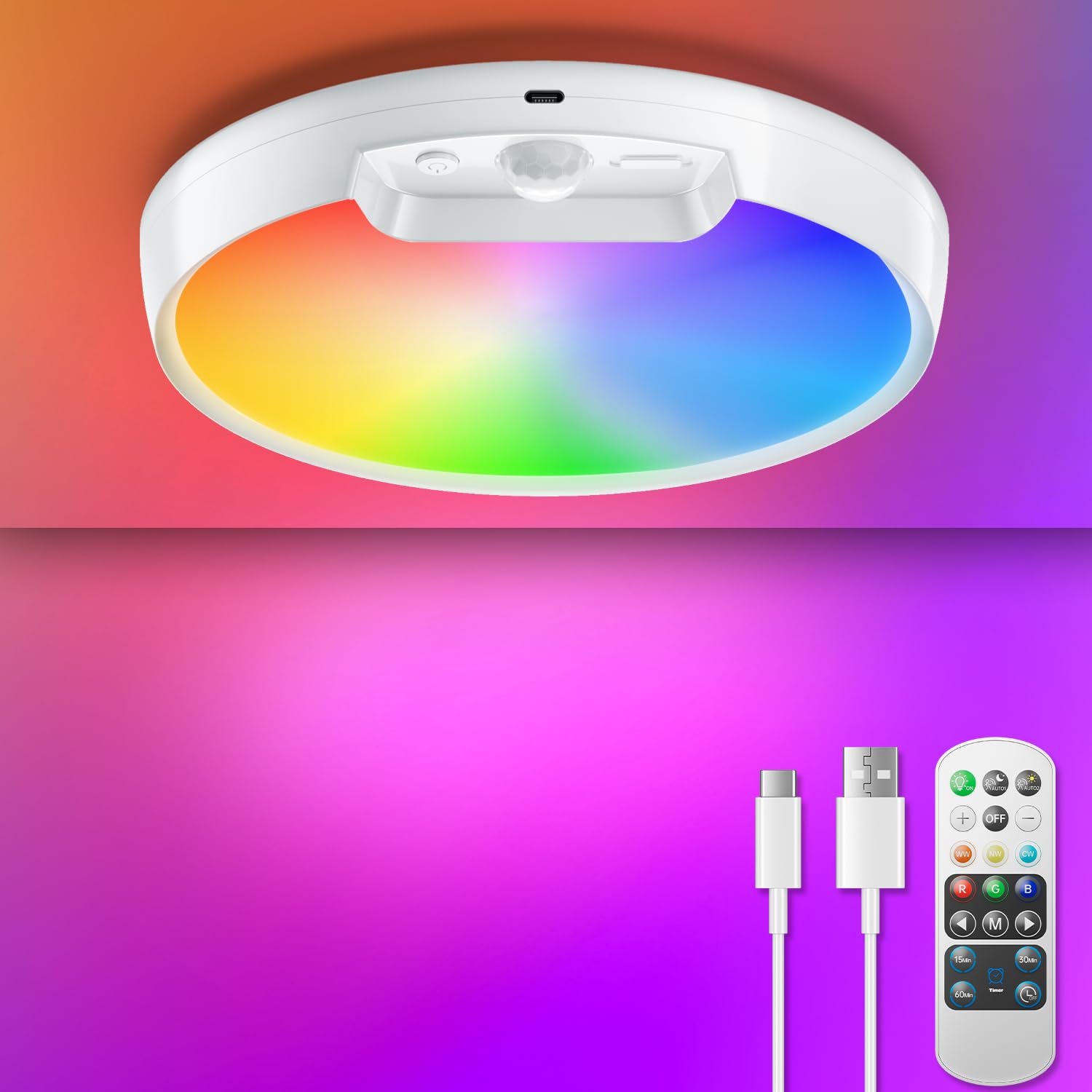Homelist Rechargeable RGB Shower Light with Remote, Wireless Battery Operated Motion Sensor Ceiling Light with 10 Colors Changin