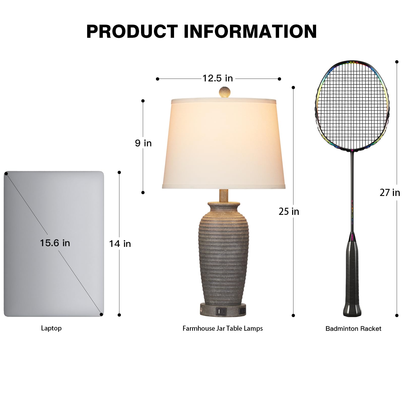 25 Farmhouse Jar Table Lamps, 3 Way Touch Control Rustic Bedside Lamps With Usb A+C Ports & Ac Outlet, Pot Nightstand Lamps For