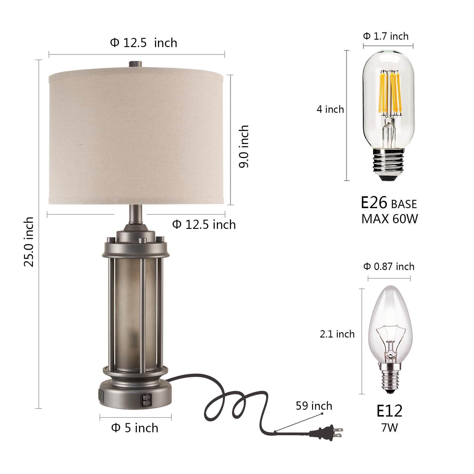 Aieampdo Industrial Metal Table Lamps Set Of 2 Living Room Bedroom, 2 Usb Ports Bedside Lamp With Glass Nightlight, Modern Desk